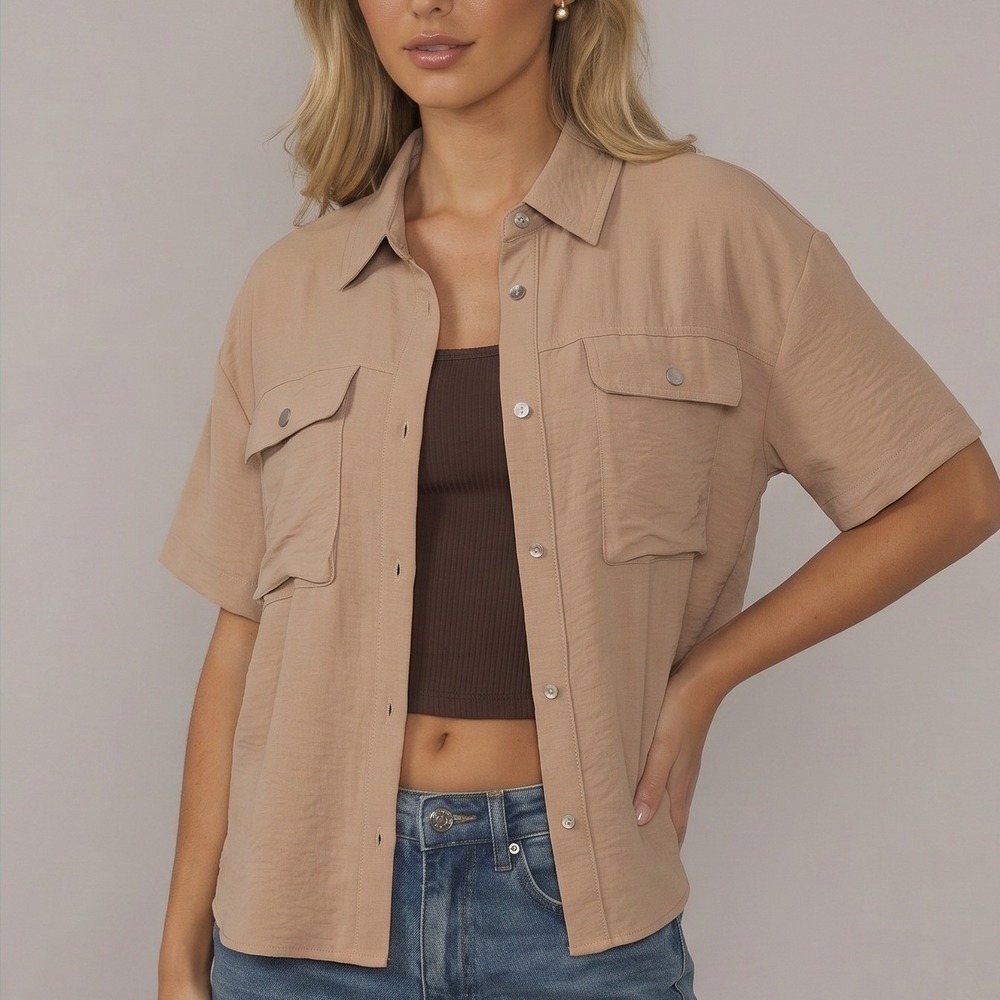 Fashion Nova Womens Tan Boxy Short Sleeve Button Down Utility Shirt Large